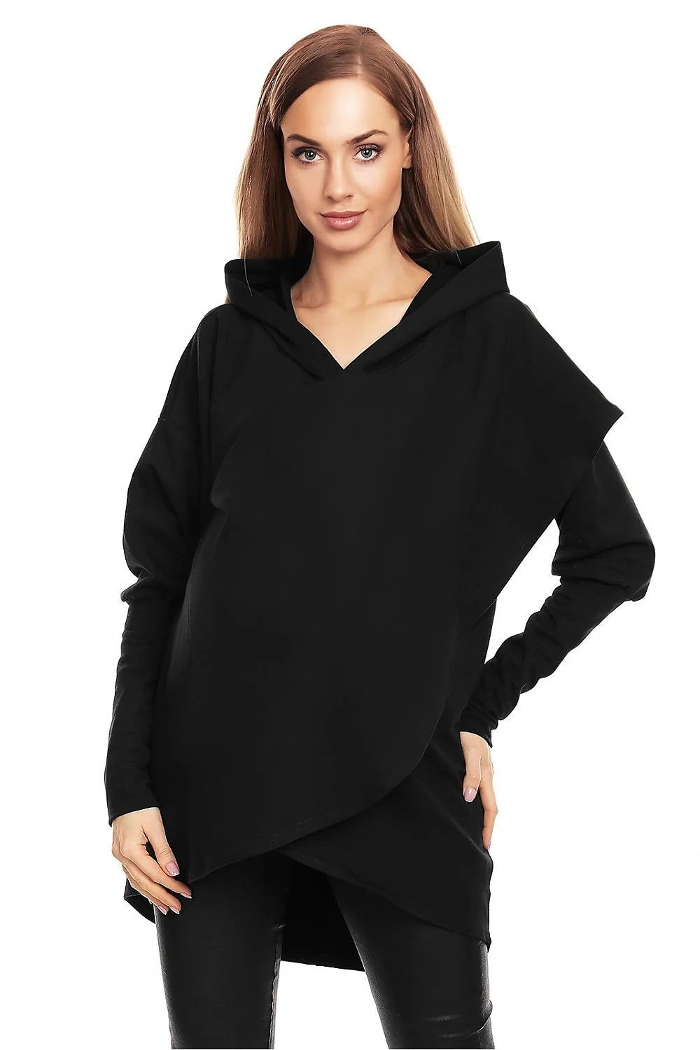 Sweatshirt de grossesse asymétrique à capuche en coton rouge profond, manches longues, coupe semi-ajustée pour femmes enceintes