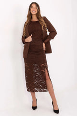 jupe midi dentelle marron chocolat ajustée fourreau taille élastique plis décoratifs doublure légère confortable stretch viscose polyester élasthanne féminine élégante