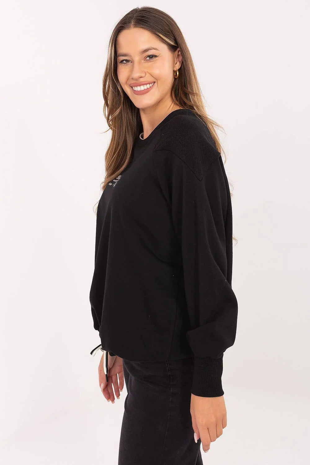 sweatshirt femme noir oversize boxy coupe ample col rond manches raglan tombantes molletonné doux coton polyester
