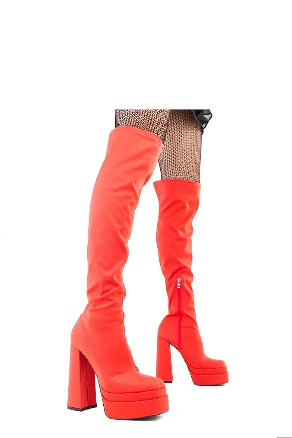 cuissardes mousquetaire rouges tissu stretch genou bout carré talon haut plateforme doublure chaude semelle simili cuir fermeture éclair