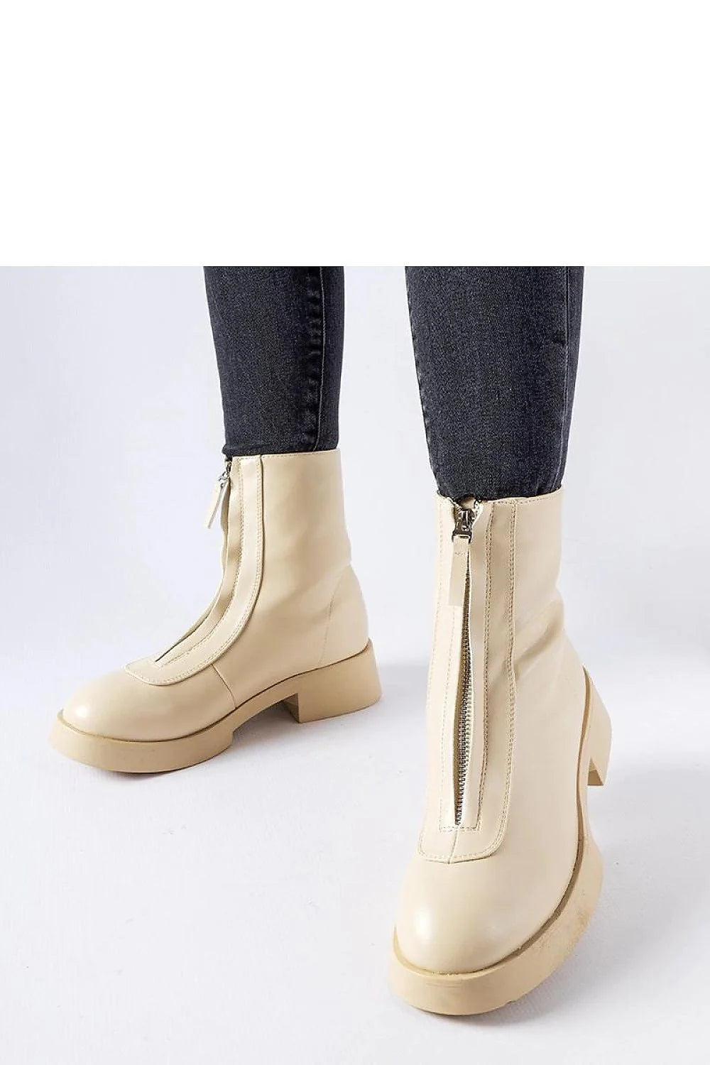 Bottines beige moderne élégantes fermeture éclair latérale bout rond talon plat cuir similicuir femmes
