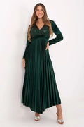robe longue maxi velours vert émeraude plissée soirée empire encolure V manches longues paillettes corsage bonnets rembourrés laçage dos ruban