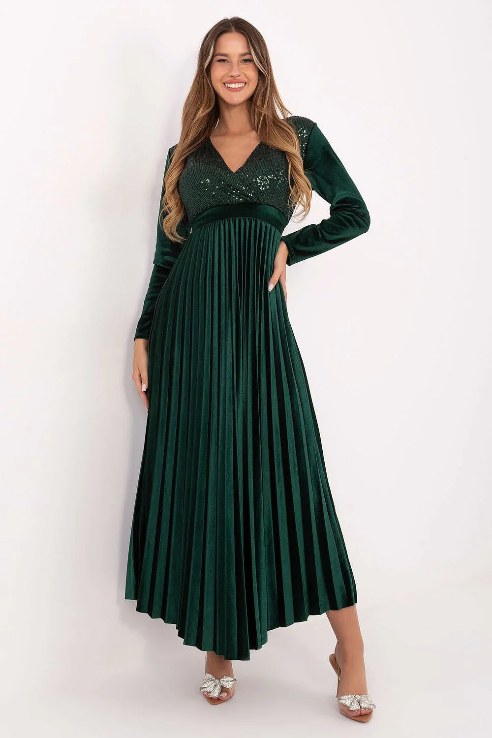 robe longue maxi velours vert émeraude plissée soirée empire encolure V manches longues paillettes corsage bonnets rembourrés laçage dos ruban