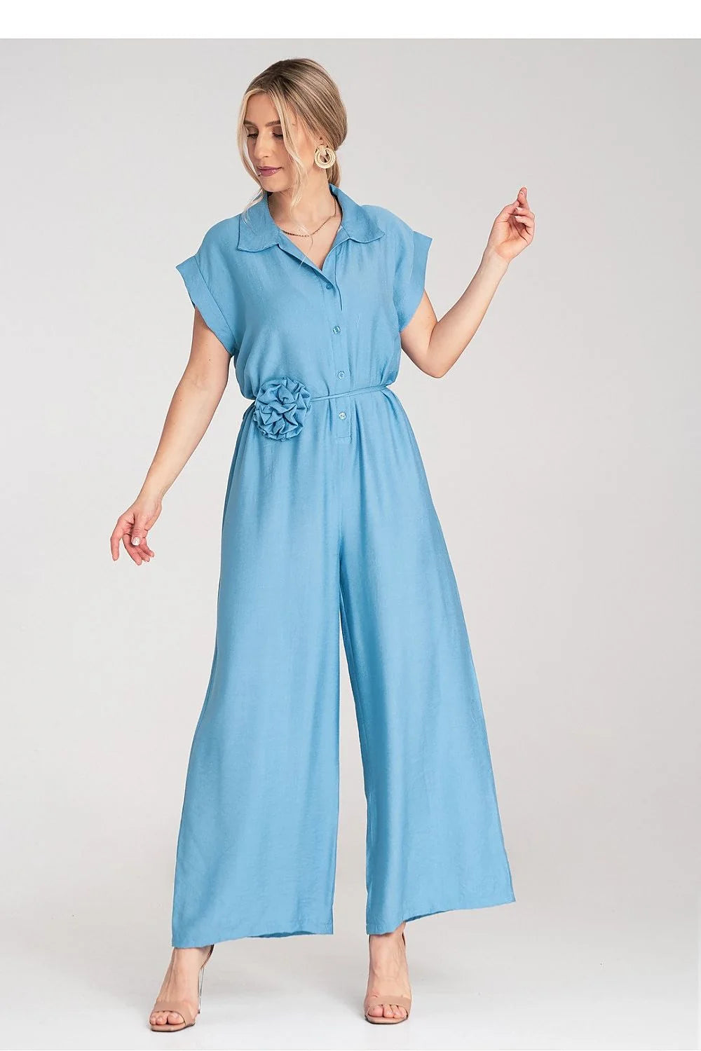 Combinaison Figl élégante moderne femme couleur bleu uni ceinture fleur tissu léger manches courtes