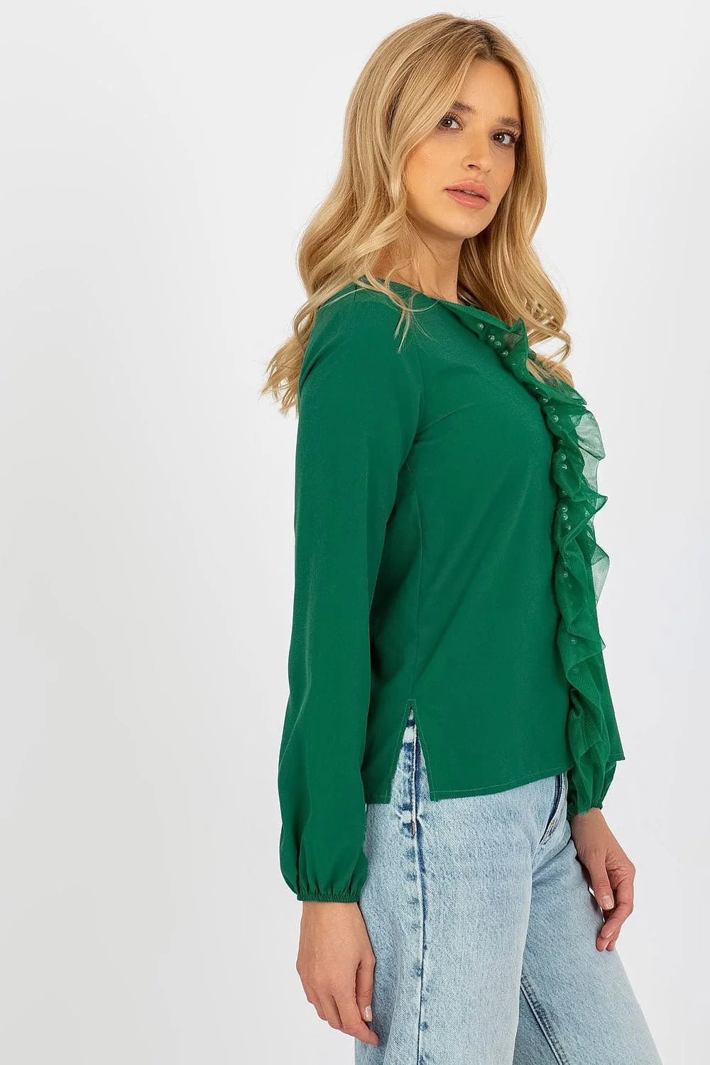 Chemisier Lakerta élégant pour femme en vert riche manches longues encolure ronde volants perlés