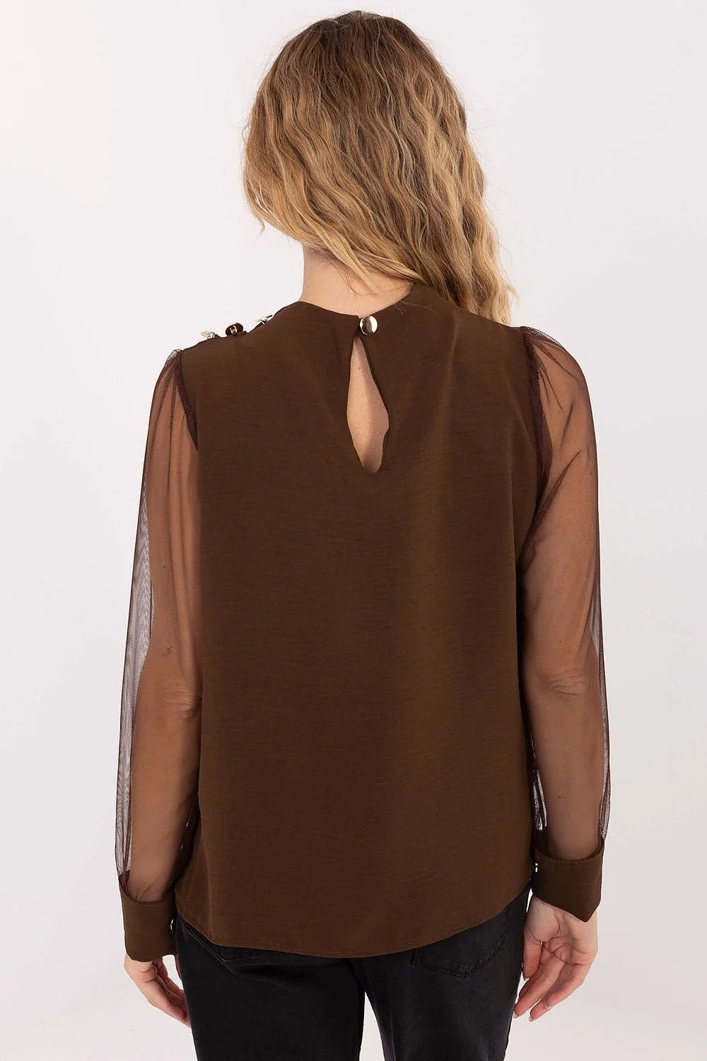 chemisier femme chocolat col montant maille fine manches longues tulle transparent bouffantes plis épaules boutons dorés droite fluide viscose