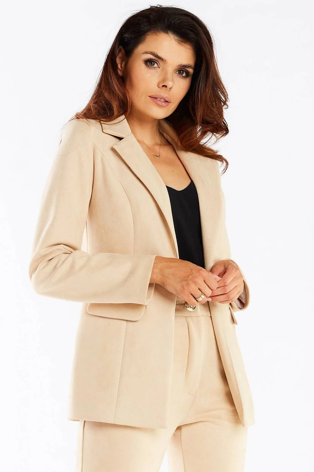 Blazer femme élégant coupe structurée style classique bouton doré col châle polyester élasthanne taille ajustable veste professionnelle