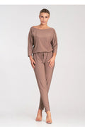 ensemble femme moderne décontracté jersey taupe manches longues encolure bateau pantalon slim taille cordon confortable polyvalent