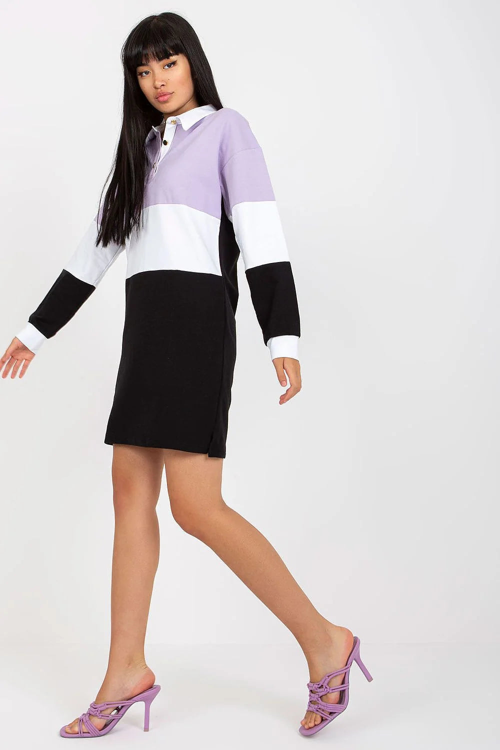 Robe de jour Rue Paris style décontracté manches longues col en V coton elasthanne taille ajustable femme