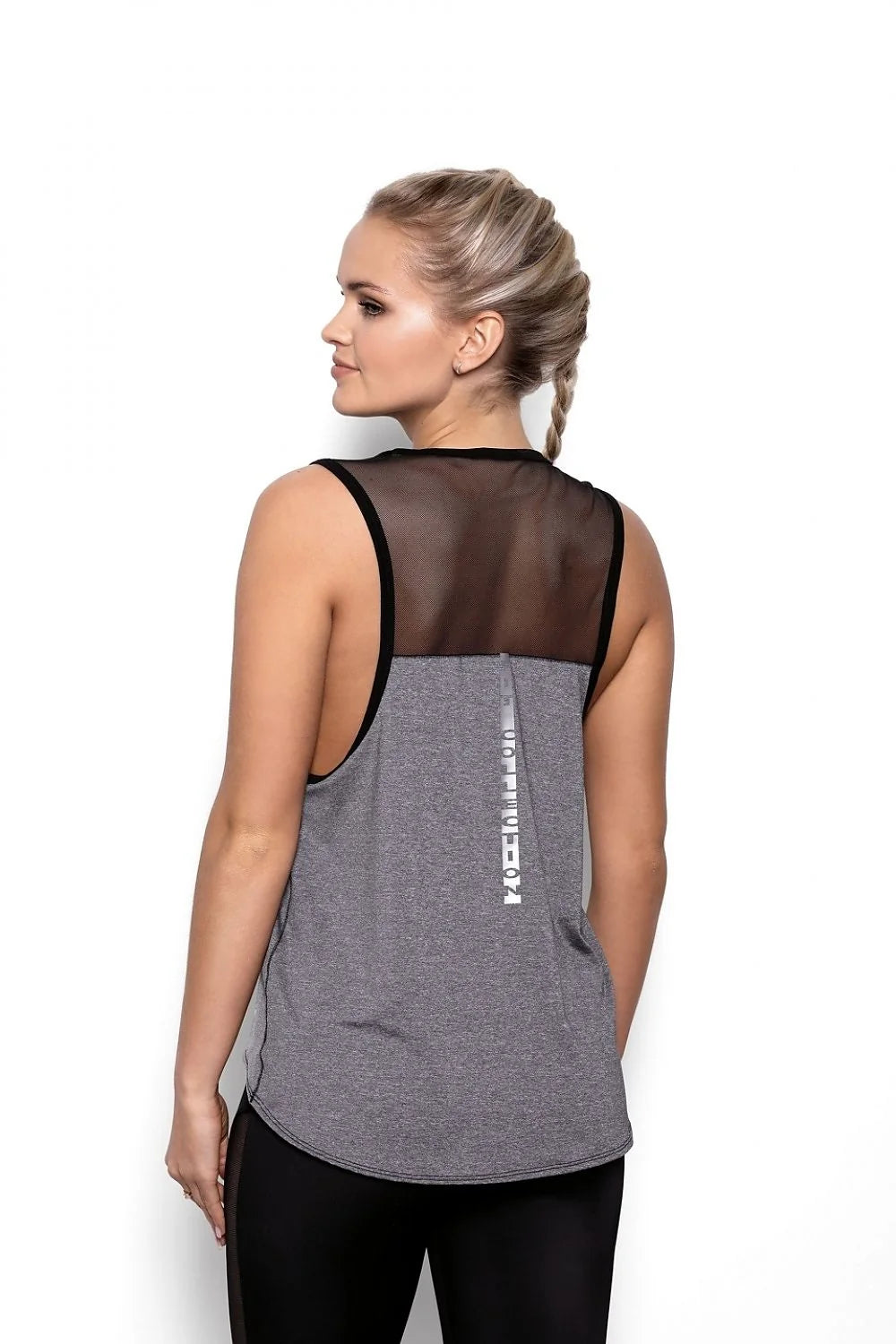 Débardeur sportif féminin élégant gris chiné noir insert transparent dos bretelles elasthanne polyester taille ajustable