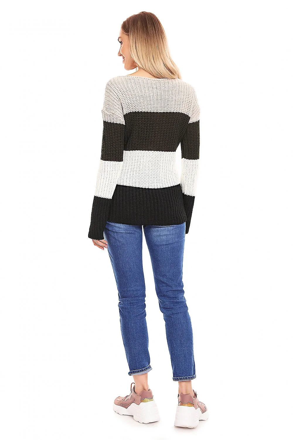 pull tricoté femme grossesse grosse maille rayures horizontales beige kaki blanc noir oversize coupe ample manches longues col rond chaud