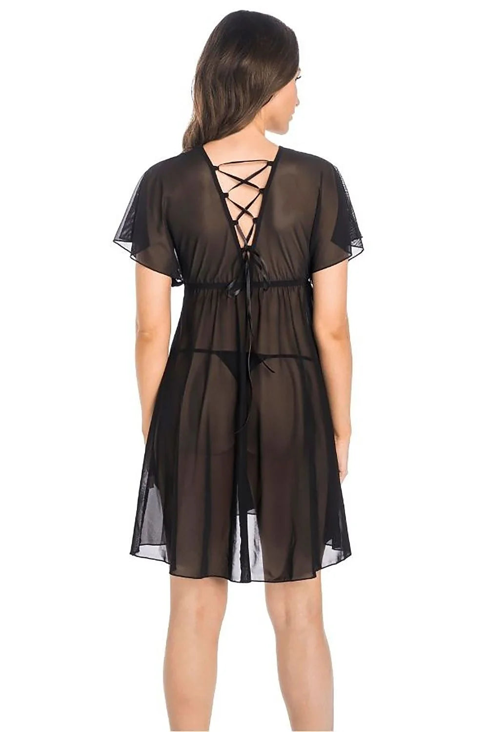 Nuisette sexy noire en dentelle tissu transparent silhouette fluide encolure V manches papillon pour femmes