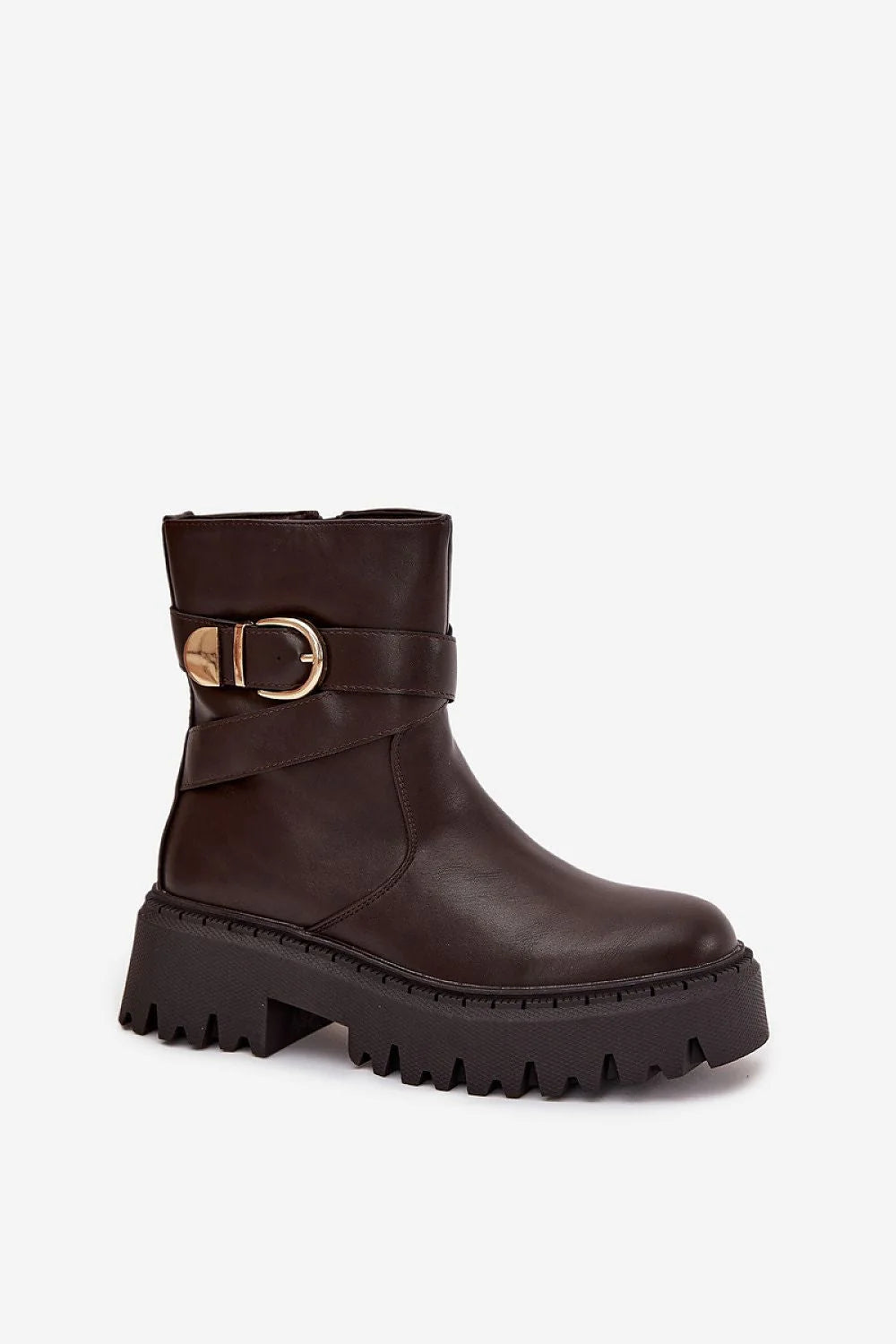 bottines femme motardes similicuir brunfoncé bridecroisée boucledorée plateforme semellecrantée caoutchouc épaisse boutarrondi talonplat doublurechaude fermetureéclair confortable