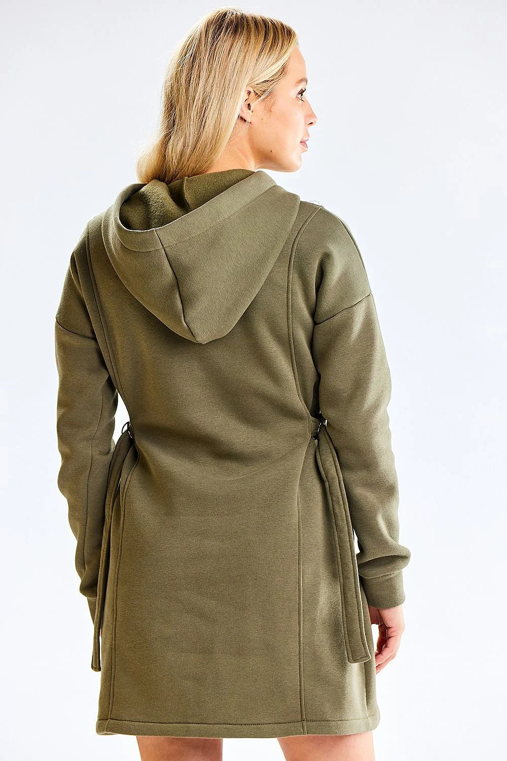 robe sweat capuche vert olive molleton doux coupe droite oversize mini manches longues poignets ajustés poches invisibles coton