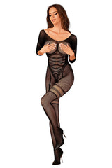 Bodystocking Obsessive résille noir manches longues col dégagé effet corset bandes cuisses extensible sexy sophistiqué soirée événement intime