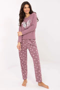pyjama femme deux pièces jersey doux vieux rose mauve coupe ample encolure ronde manches longues taille élastiquée imprimé papillon fleurs