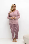 pyjama grande taille femme deux pièces maille jersey douce rose poudré chemisier col rond manches longues pantalon droit imprimé floral