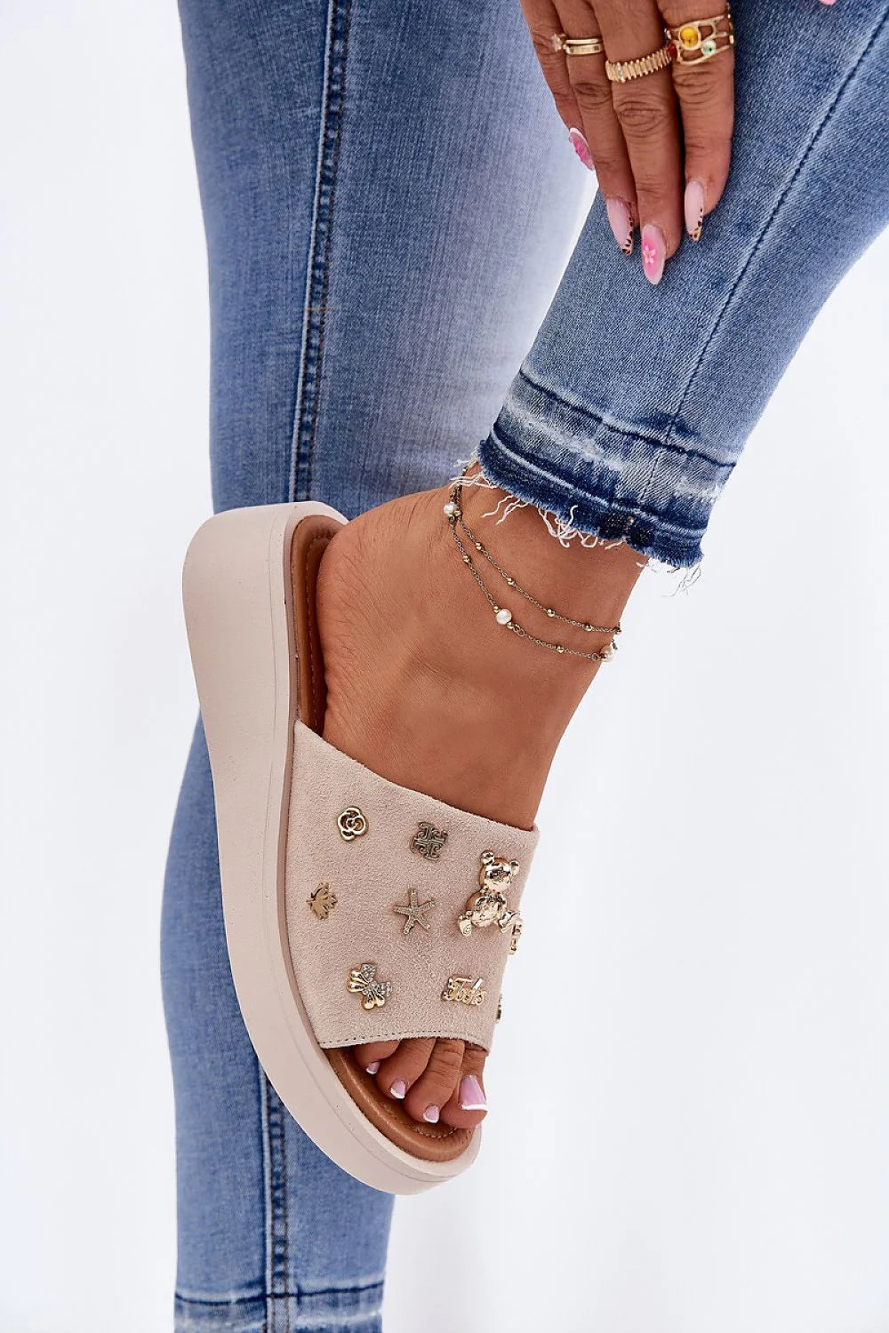 Sandales femmes style décontracté moderne plateforme daim naturel ornements dorés oursons étoiles mer arcs occasion été