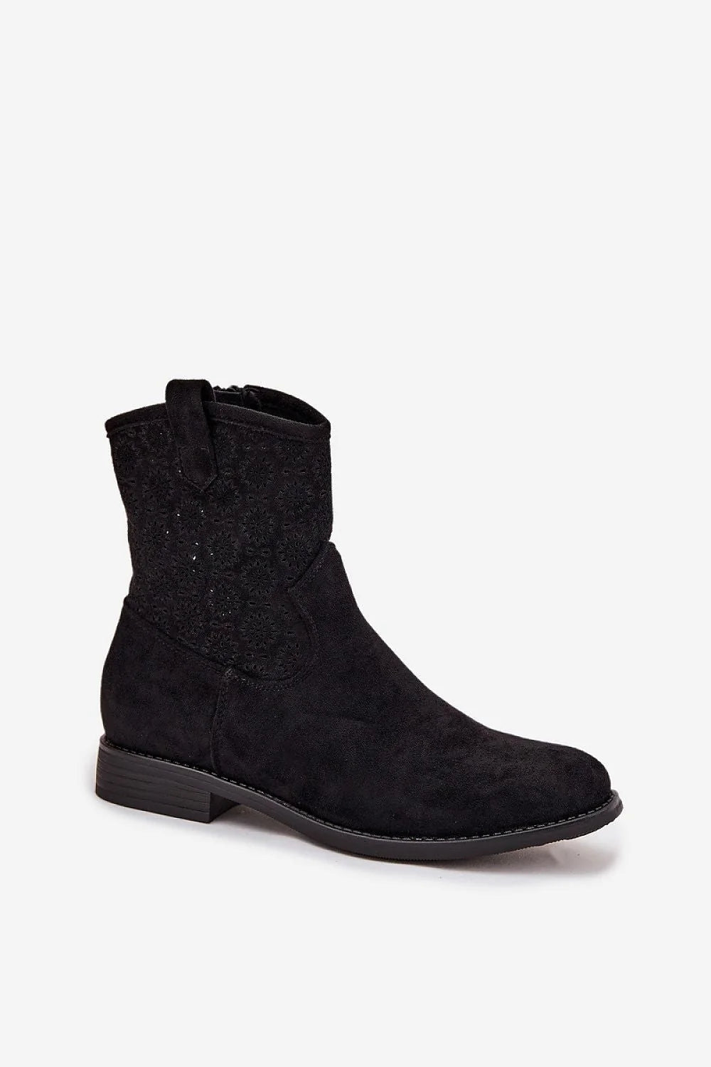 bottines femme SBarski ecosuedé noir bout arrondi micheville motif ajouré floral talon bloc bas fermeture eclair latérale enfilage confort stylé