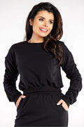 Sweatshirt pour femme Infinite You noir longues manches encolure ronde coton élasthanne moderne design épaules tombantes plis poches casual