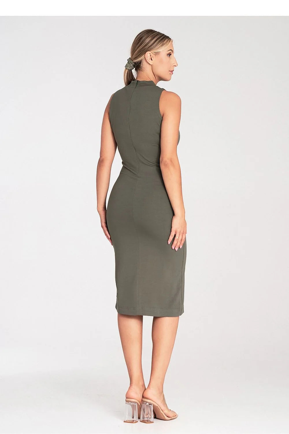 robe Figl midi ajustée sans manches col montant vert olive viscose elastane jersey stretch minimaliste élégant confortable polyvalent