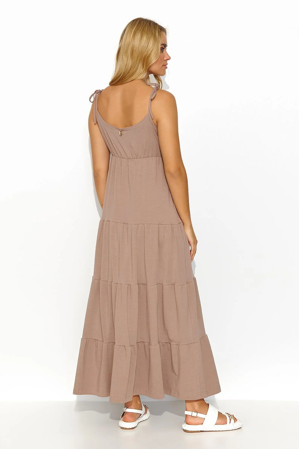 Robe de jour Makadamia longue volants couleurs taupe empire waist décolleté V bretelles nouées femme été