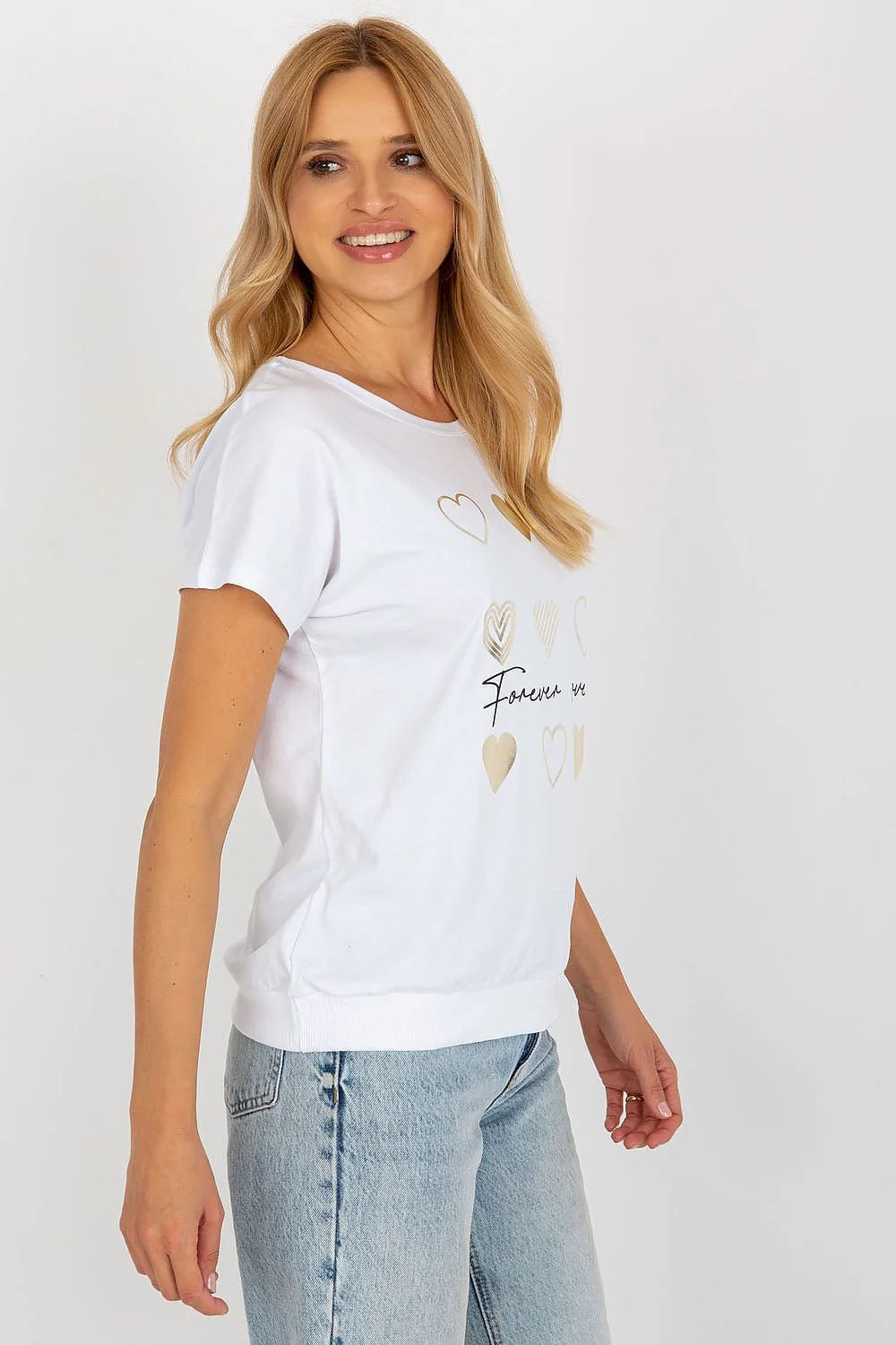 T-shirt femme style décontracté moderne imprimé cœur doré élasthanne coton blanc