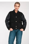 veste bomber femme noire coupe courte boxy col officier lainage mat manches matelassées nylon boutons pression dorés mi saison urbaine