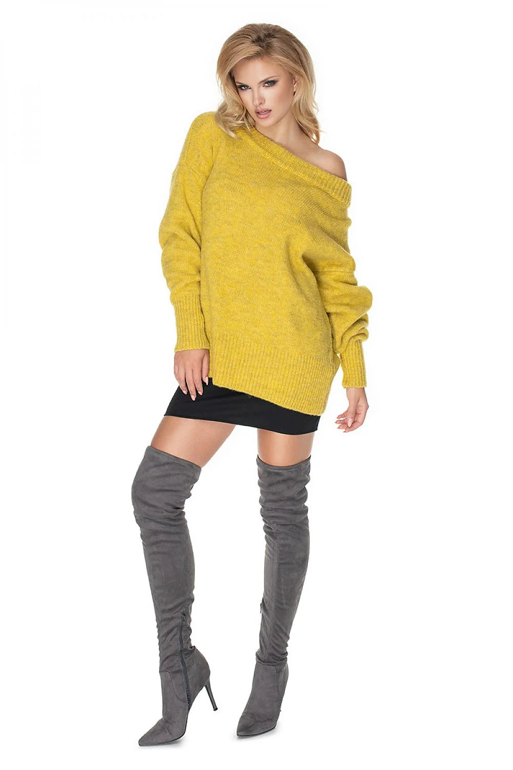 Pull-over ample femme laine acrylique polyester col rond jaune moutarde confort hiver chaud élégant