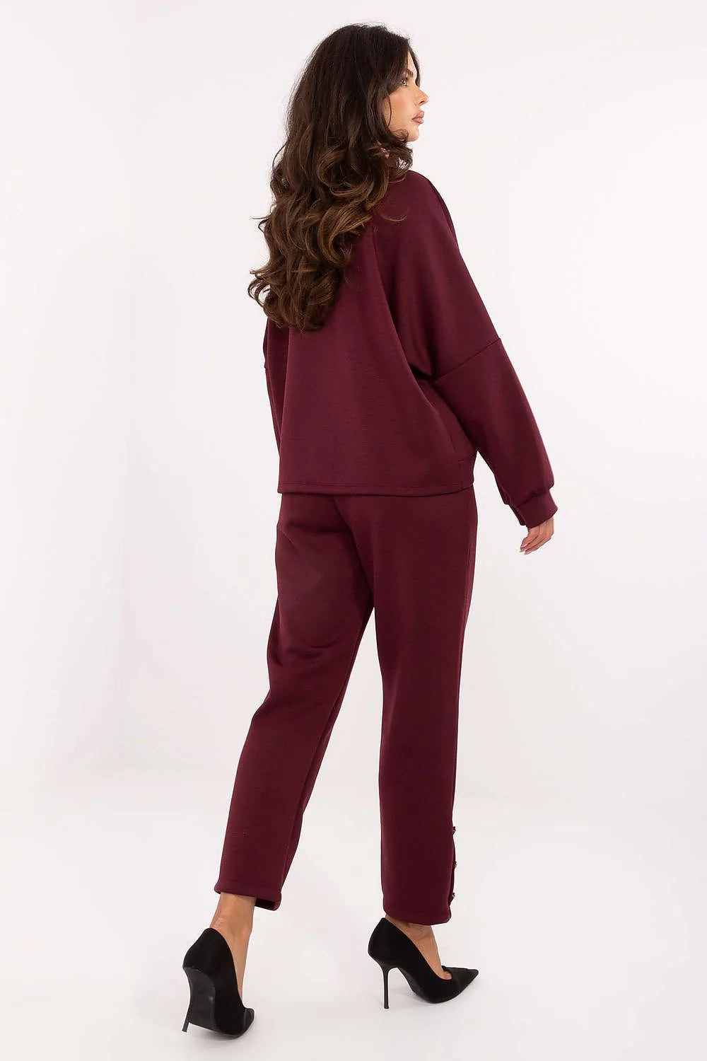 ensemble femme bordeaux casual chic coordonné maille viscose élasthanne oversize veste col tailleur bouton unique pantalon droit taille haute poches