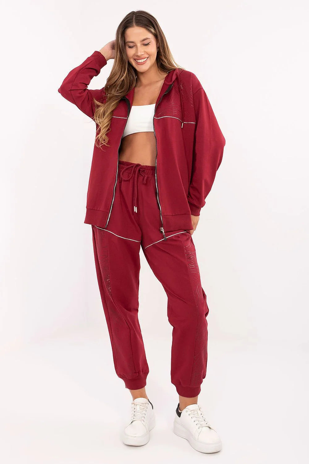 ensemble survêtement femme bordeaux molleton léger sweat capuche zippé liseré pantalon jogger taille haute cordon poches latérales côtelés confortable