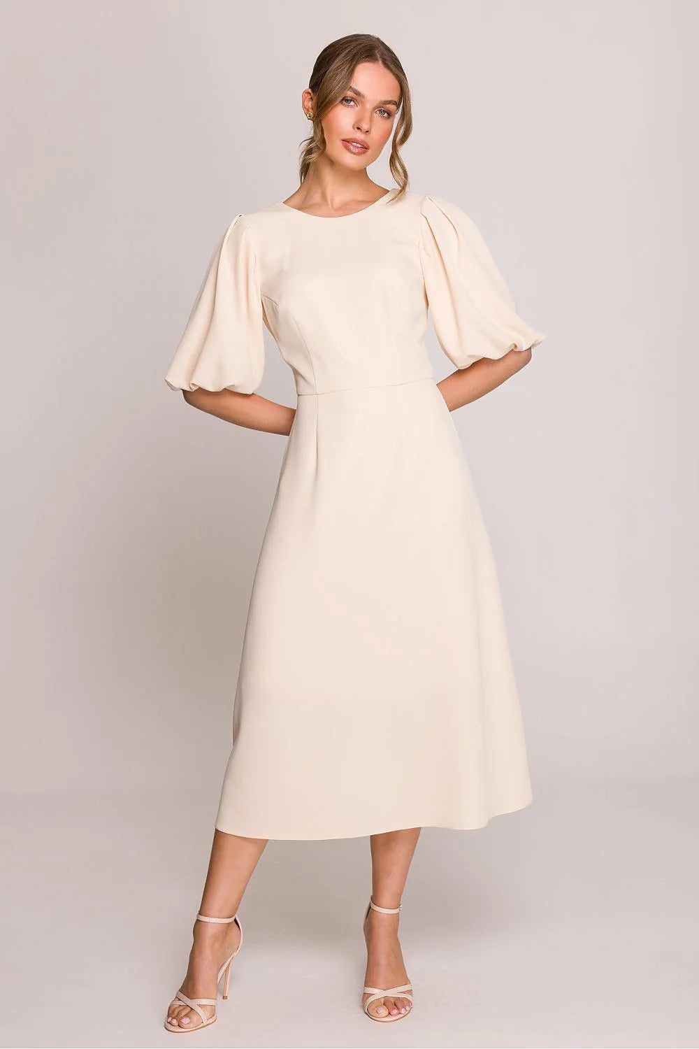 robe jour élégante midi manches bouffantes courtes évasée trapèze cintrée taille encolure ronde crème ivoire crêpe soyeuse minimaliste cérémonie mariage