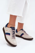 baskets femme basses daim suédé beige rétro bleu marine contrastante rose lacets tressés logo doré semelle gomme marron HIPOLYSYSTEM recyclée