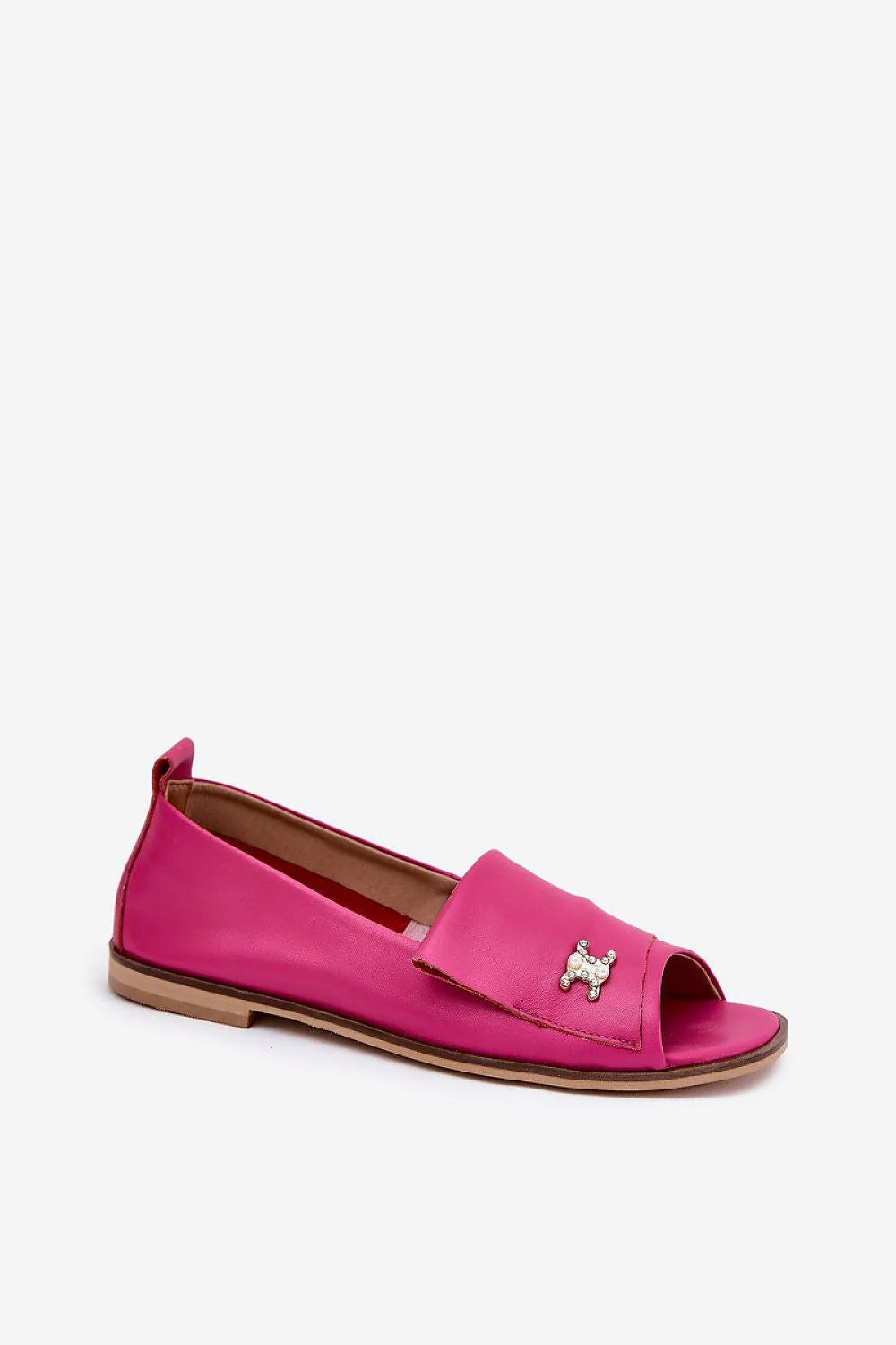 Sandales femmes design moderne élégant cuir synthétique rose vif broches dorées perles_open toe mule été confort