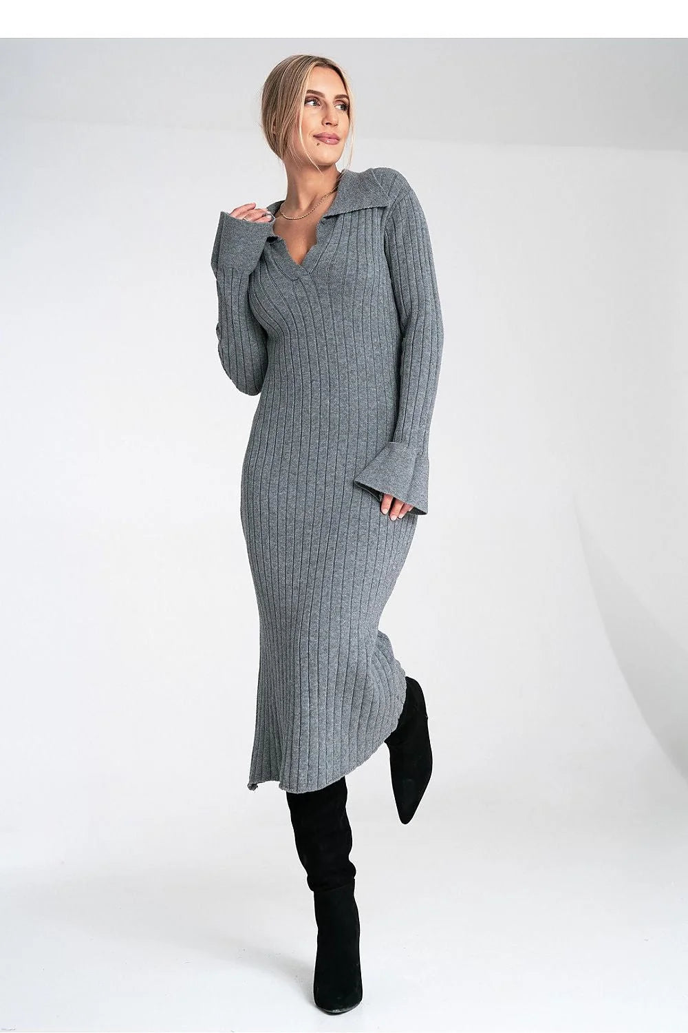 robepull midi côtelée gris chiné femme maille tricotée extensible coupe ajustée mi mollet col polo V manches longues évasées bordcôte