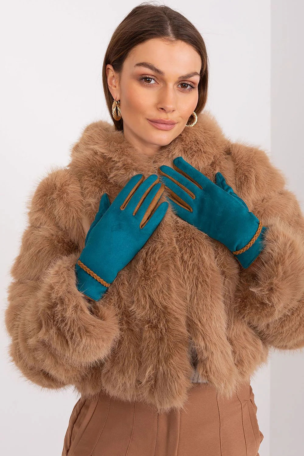 Gants élégants pour femme en tissu lisse empiècements contrastés tressage poignet fleurs brodées téléphone polyester spandex