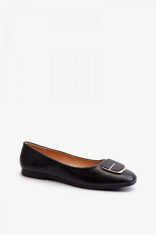 Ballerines femmes style élégant cuir écologique talon plat bout carré détails métalliques noire dorée confortable