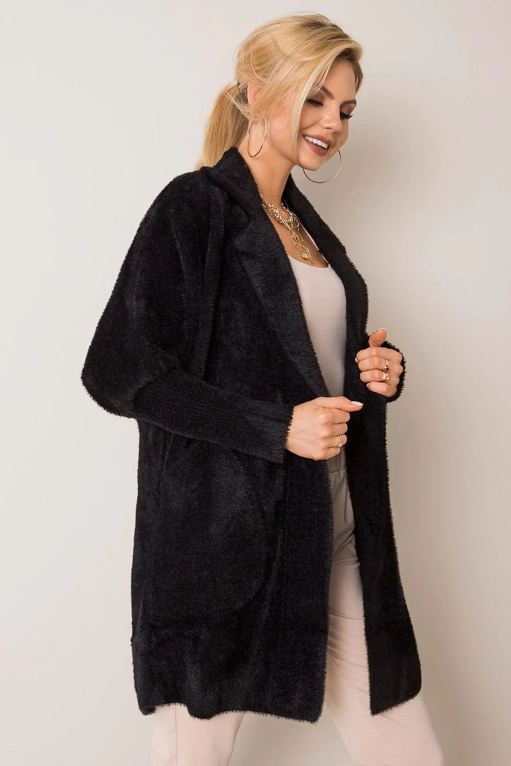 Manteau MBM pour femme coupe droite longueur mi-cuisse poches latérales col à revers matériau doux automne-hiver