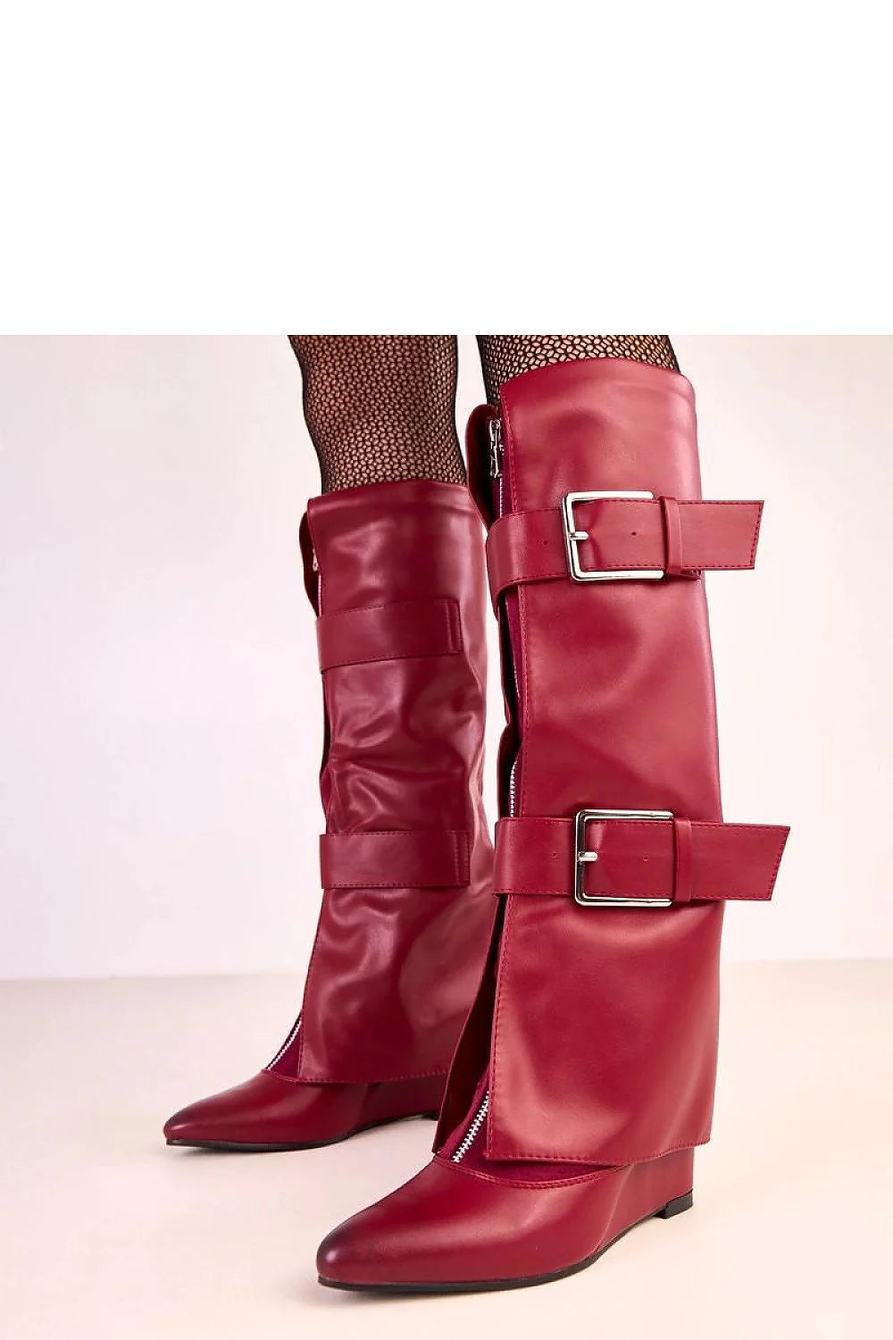 bottes hautes femme simili cuir bordeaux genou tige repliée boucles argentées bout pointu talon compensé 8cm doublure chaude