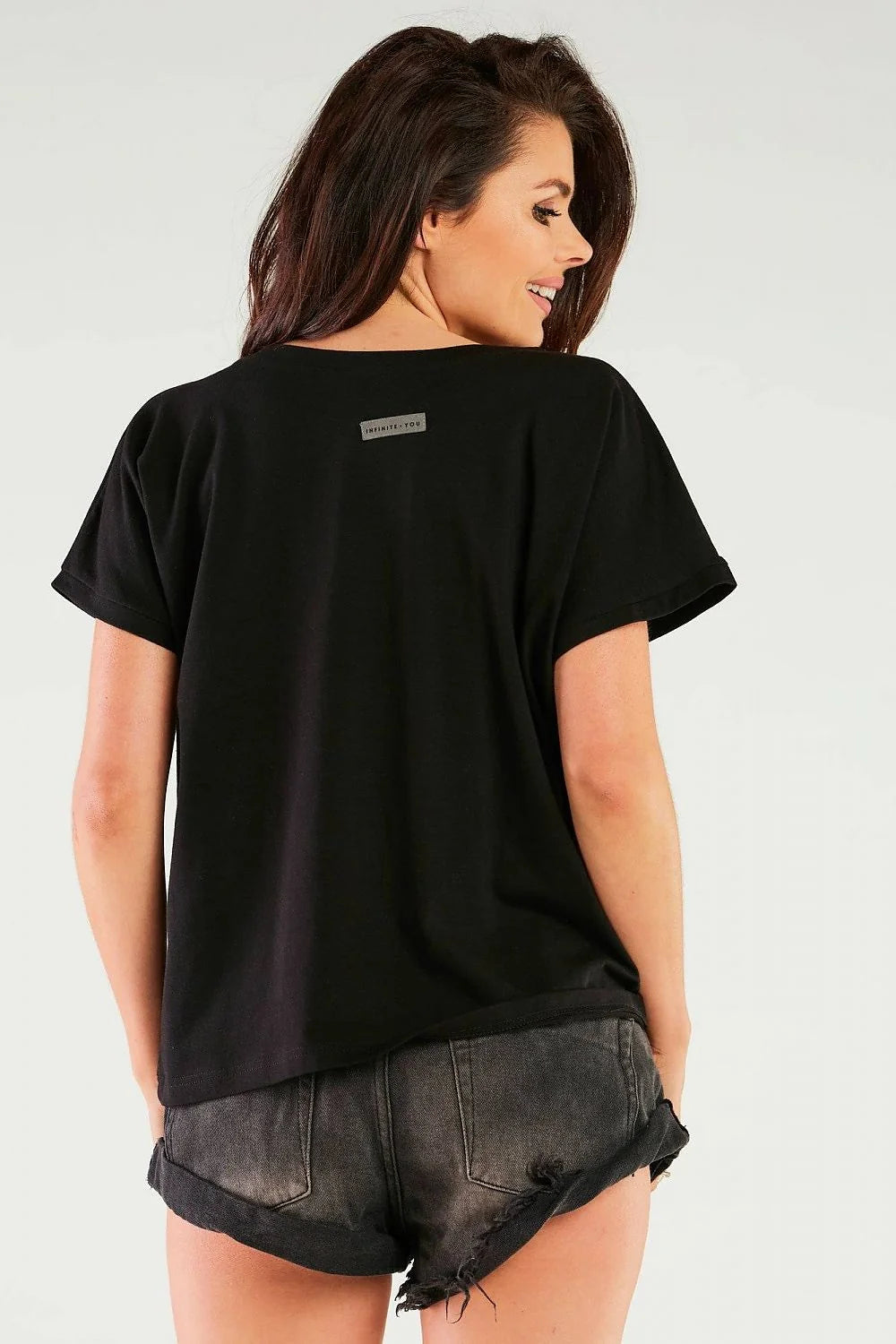 chemisier rayé noir blanc col V bordure noire coton lycra stretch manches courtes coupe ample boxy longueur hanches