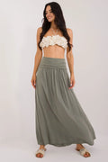 jupe longue maxi femme taille haute large ceinture repliée coupe évasée longueur cheville kaki sauge fluide viscose plissée bohème chic
