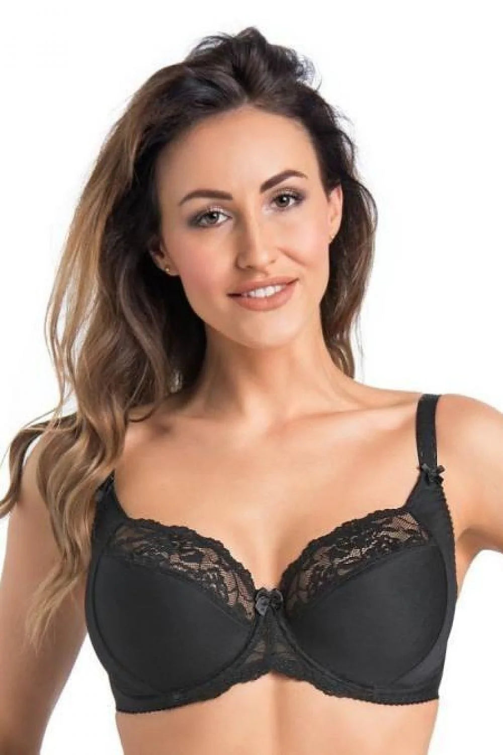 Soutien-gorge femme noir dentelle motif rose microfibre douce soutien optimal bretelles réglables nœud central occasion spéciale