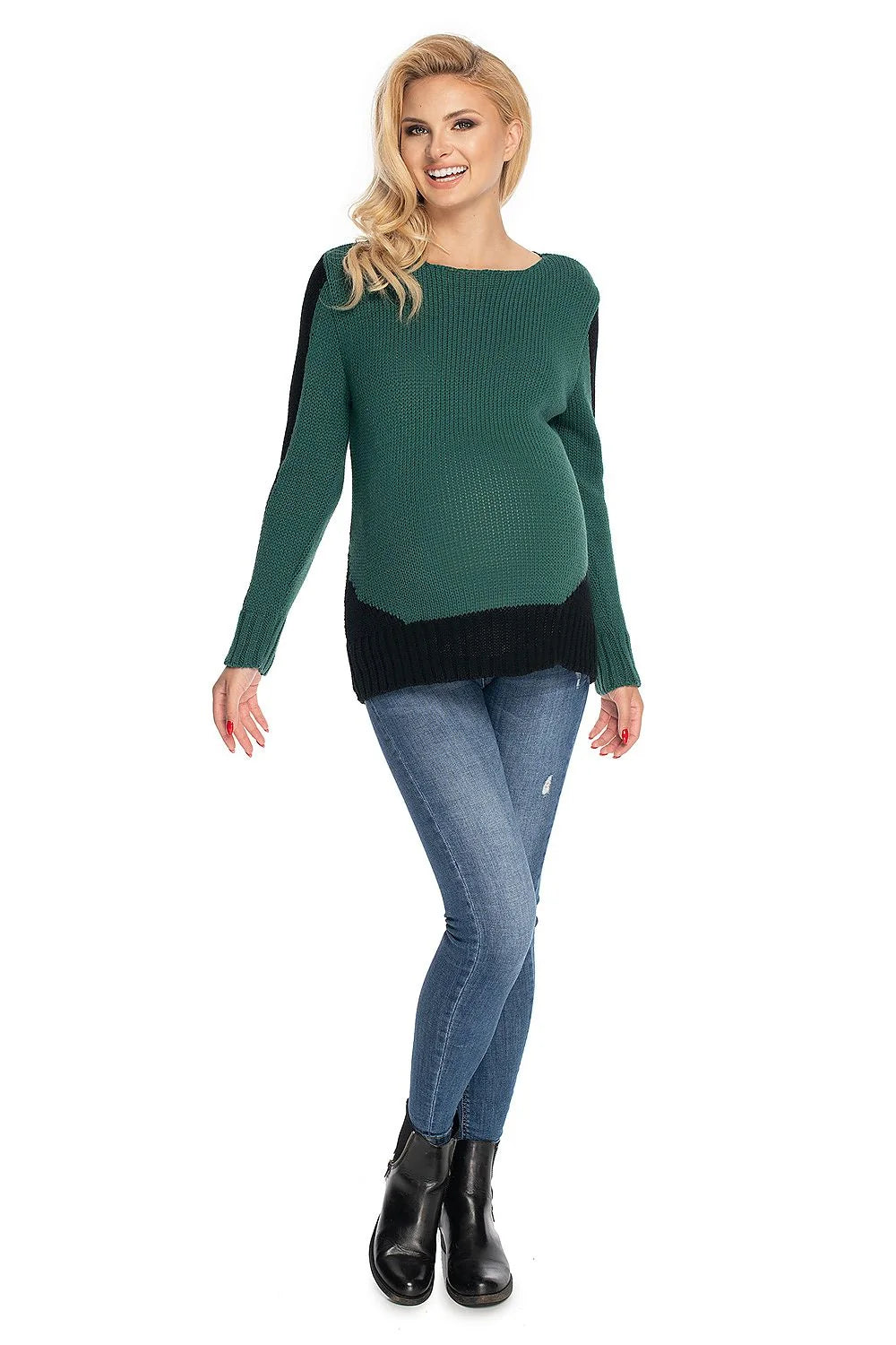 Pull maternité PeeKaBoo bleu denim manches longues bandes blanches col rond maille extensible coupe ample bordscôtes doux élégant