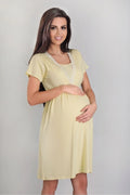 nuisette maternité viscose élasthanne polyamide jaune pastel dentelle ivoire manches courtes encolure V coupe empire mi longue fluide extensible confort