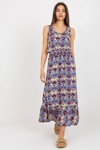 Robe longue viscose imprimé ikat multicolore sans-manches col rond ourlets volants ample bohème été festive sortie pique-nique événement