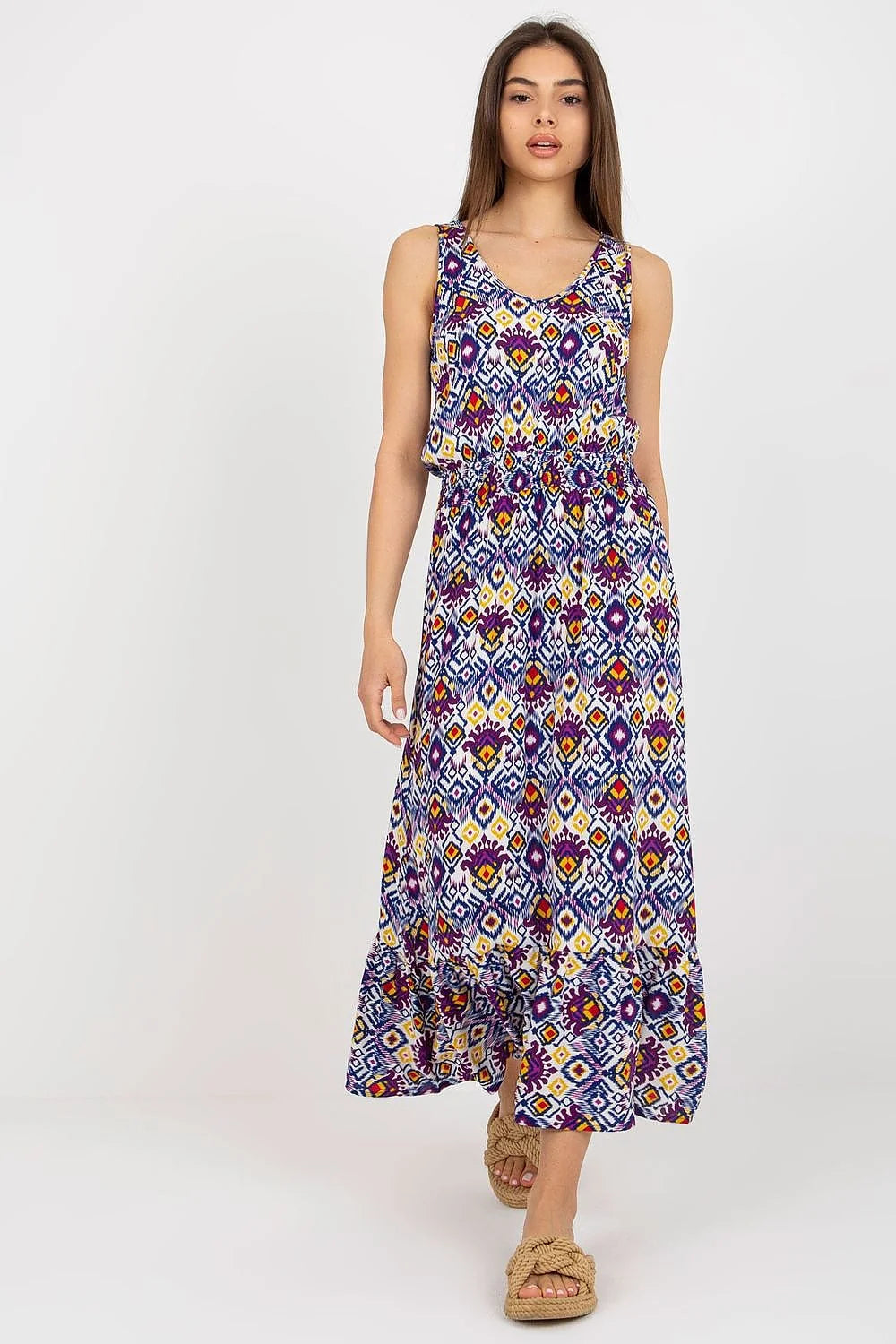 Robe longue femme été sans manches col rond imprimé ikat multicolore élastique taille ourlet volants viscose 100%