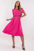 Robe de jour élégante Italie Mode femme coupe évasée manches courtes couleur rouge vif ceinture noire taille ajustable polyester élasthanne