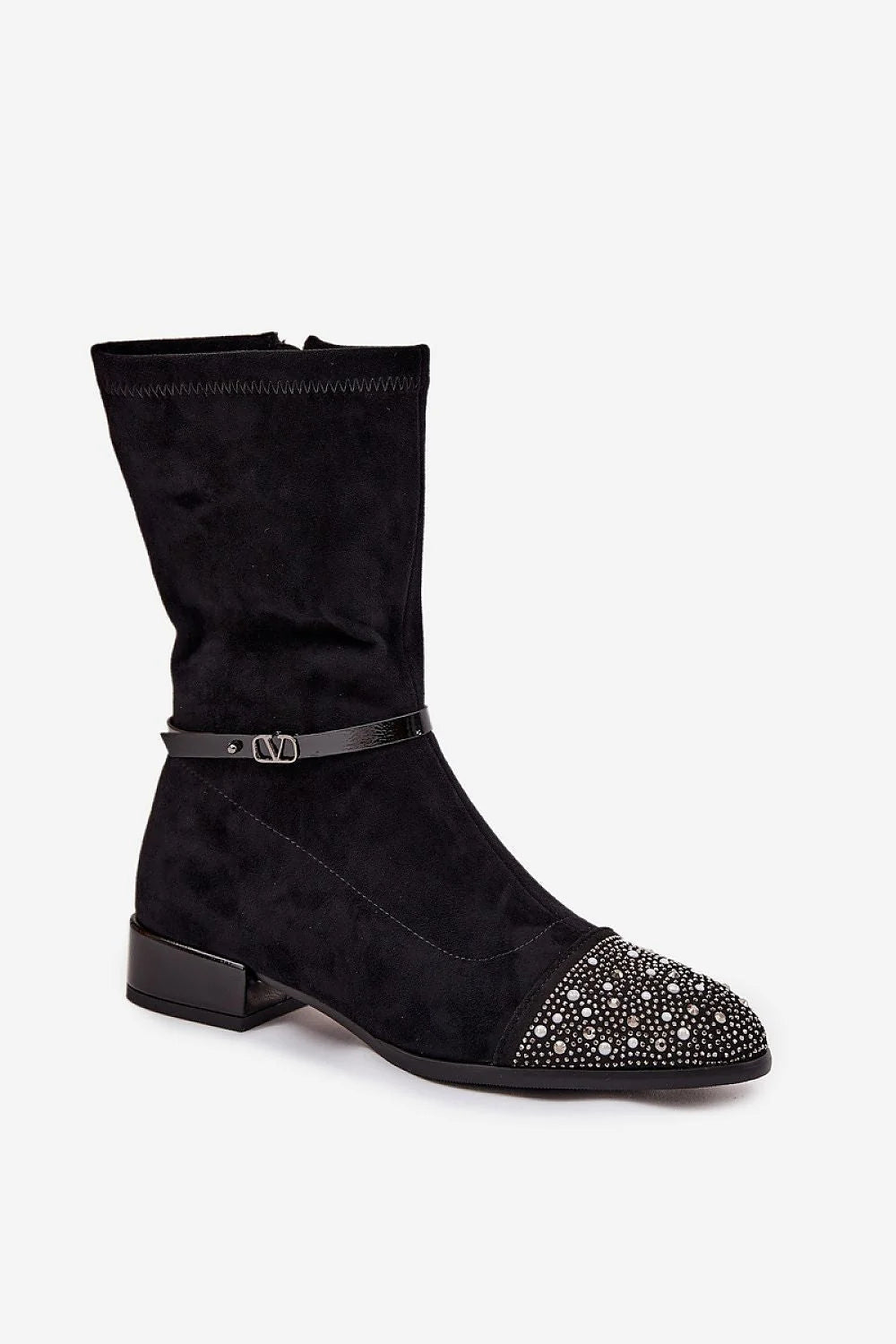 bottes femme suédine écologique mimollet talon bas confortables doublure chaude bout pointu strass clous multiformats scintillant sangle vernie