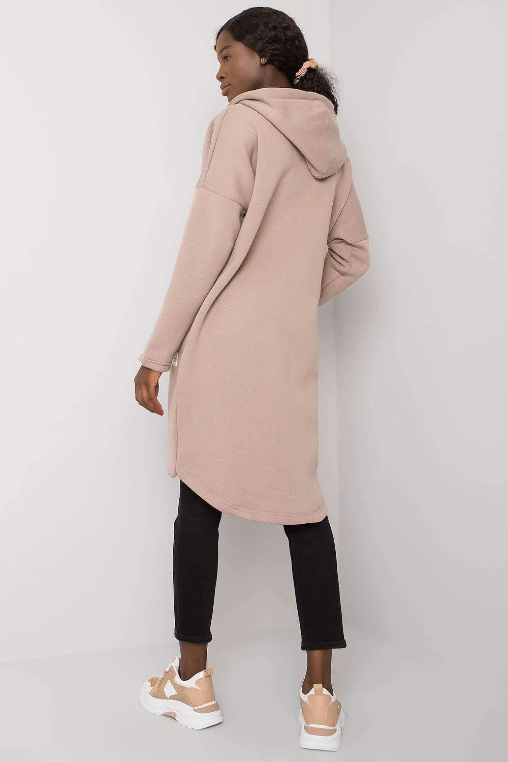 Sweatshirt pour femme coupe longline manches longues capuche fermeture éclair coton élasthanne beige sable