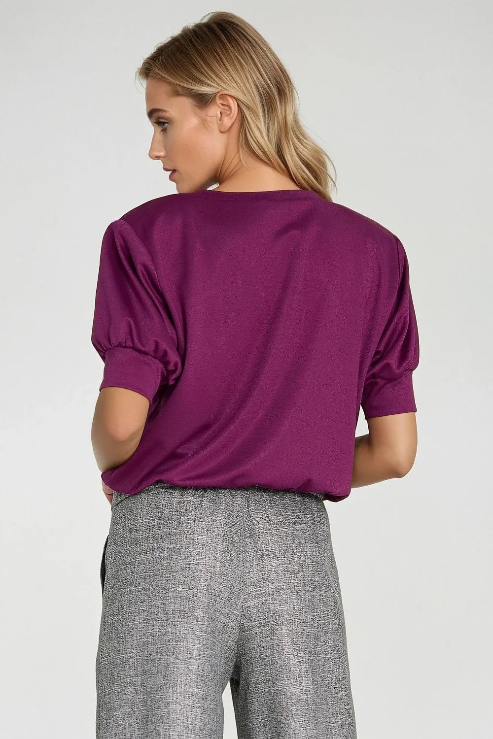 chemisier oversize prune manches bouffantes mi longues encolure ronde coupe blouson taille resserrée tissu fluide extensible doux casual chic bureau